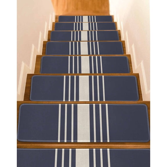 White Striped Stair Treads Non Slip for Steps Simple Black Linen Texture Vintage 4 Pcs Reusable Adhesive Stair Runner Mats for Dogs Elders Carpet Treads Rugs for Staircase 8x30 In