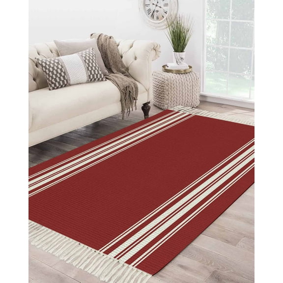 Red Striped Large Area Rug 4x6ft Woven Runner Rug,Luxurious White Stripes Modern Abstract Art Washable Living Room Bedroom Kitchen Bathroom Classroom Carpet with Tassels,Indoor Outdoor Throw Door Mat
