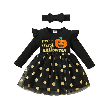 

Actoyo Toddler Baby Girl Halloween Glitter Pumpkin Dress Long Sleeves Polka Dots Party Tutu Dresses