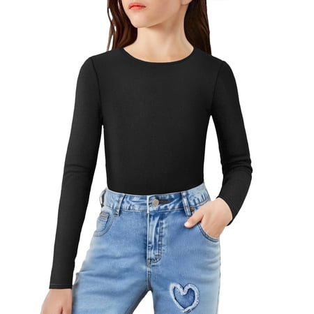 AINIYS Girls Long Sleeve Shirts Crewneck Slim Tops Soft Ribbed Knit Casual Base Layer Tops Tee Black 8-11Years