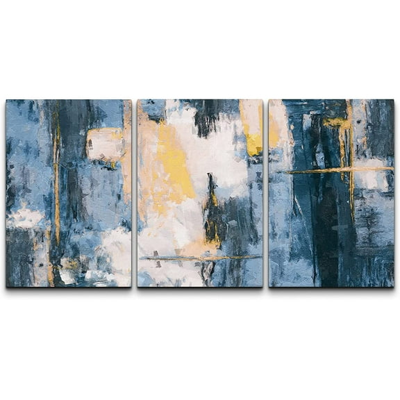 wall26 Canvas Print Wall Art Set Minimal Blue Yellow Paint Landscape Abstract Shapes Illustrations Modern Art Decorative Multicolor Chic for Living Room, Bedroom, Office - 16"x24"x3 Panels