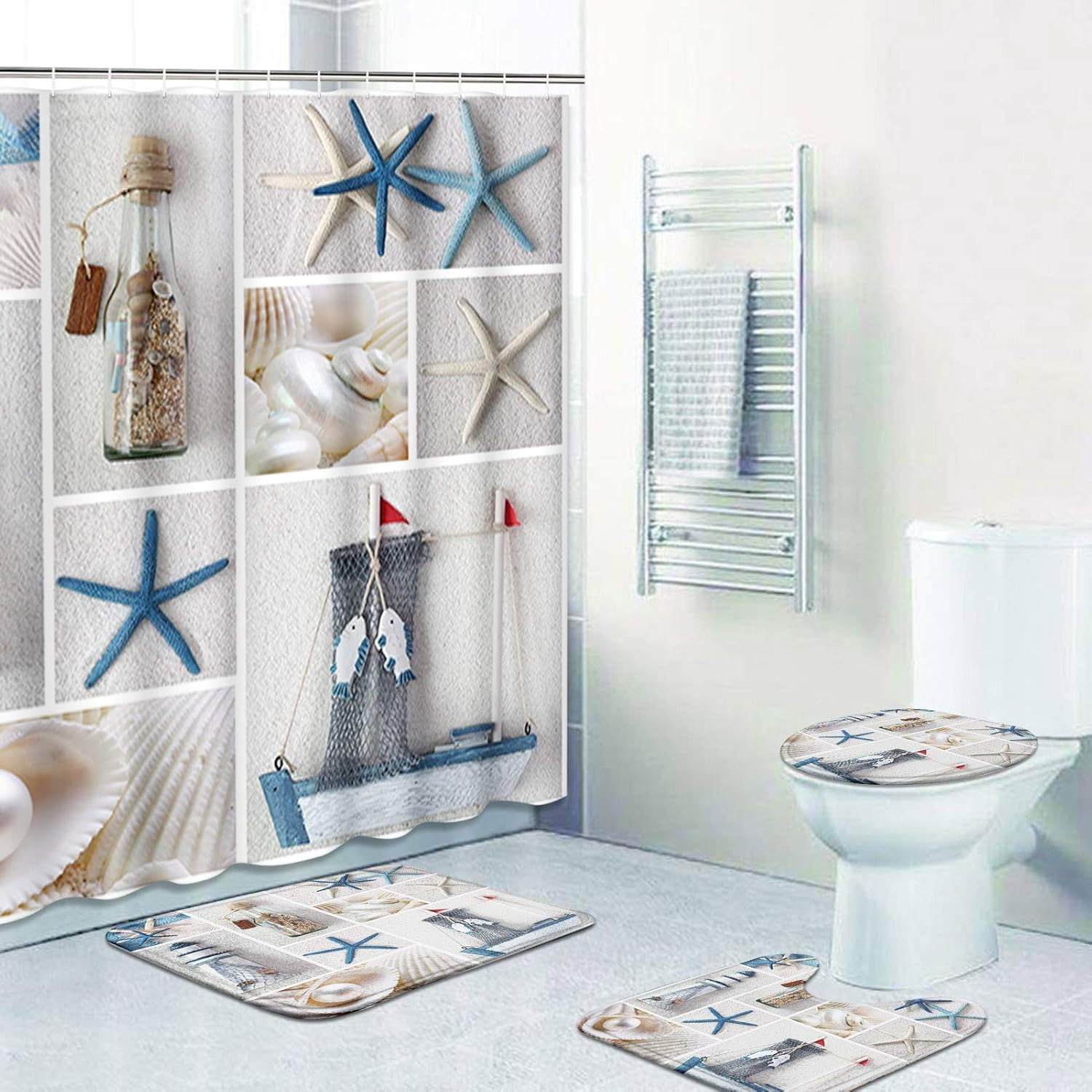4 Pcs Shower Curtain Set Starfish Seashells Wooden Nautical Sand Beach Shell Sea Blue with Non-Slip Rugs Toilet Lid Cover and Bath Mat Bathroom Decor Set 72" x 72"