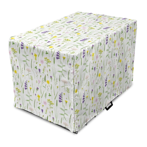 Floral Dog Crate Cover, Continuous Delicate Wild Flowers on Plain Backdrop, Easy to Use Pet Kennel Cover Small Dogs Puppies Kittens, 7 Sizes, Lime Green Violet, by Ambesonne