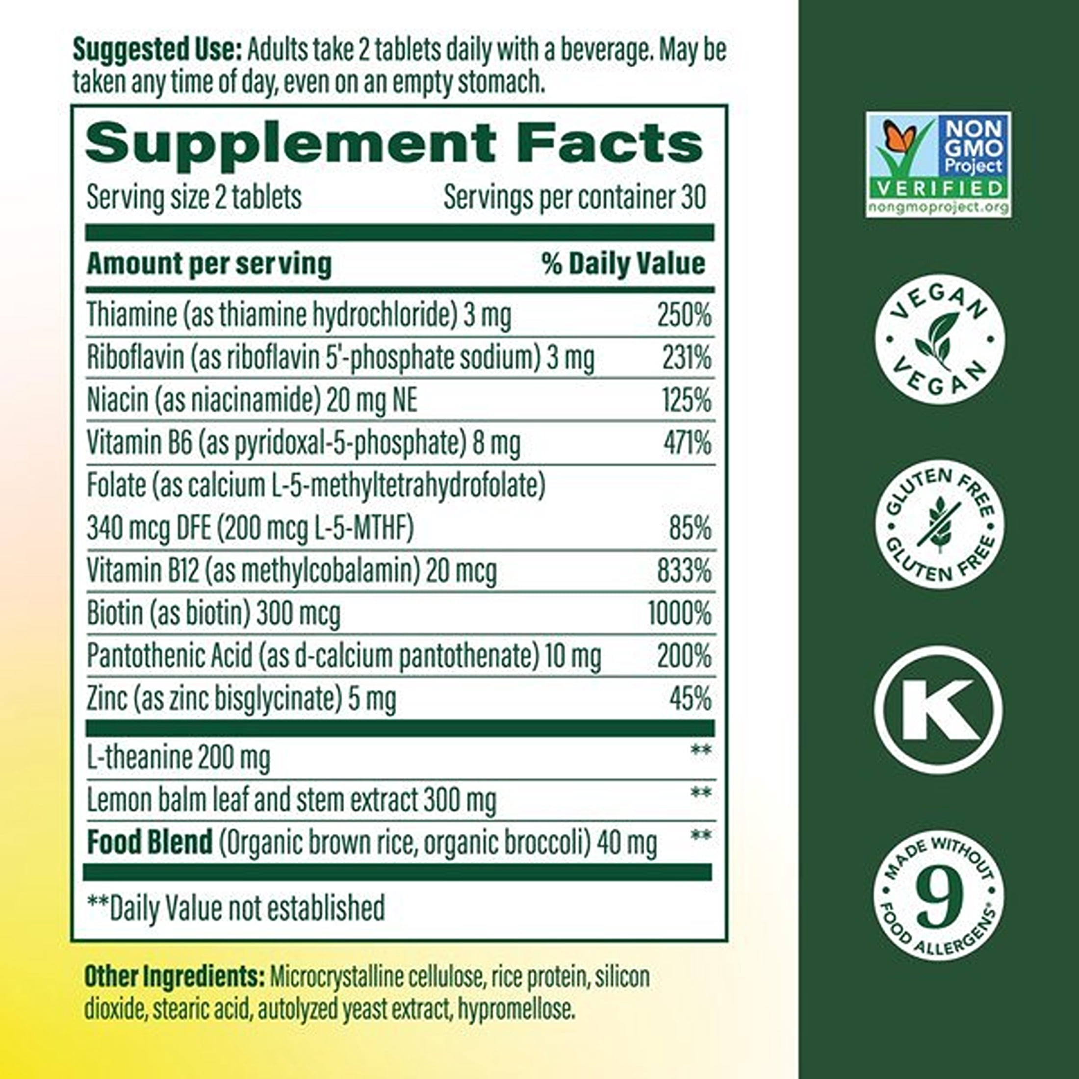 MegaFood L-Theanine & Vitamin B Complex - 200 mg L-Theanine - Zinc - Vegan - 30 Servings