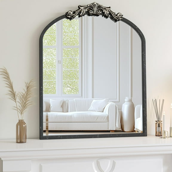 Hasipu 36"x30" Black Vintage Wall Mirror Antique Arched Metal Frame Bathroom Mirror , Ornate Baroque Decor for Mantel, Living Room & Fireplace