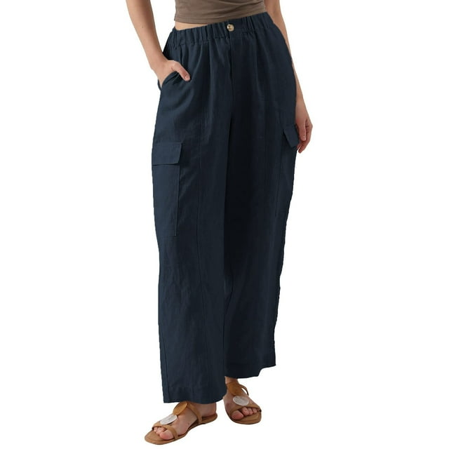 Womens Cotton Linen Pants High Waisted Straight Wide Leg Lounge Pants with Multi Pockets Solid Trousers