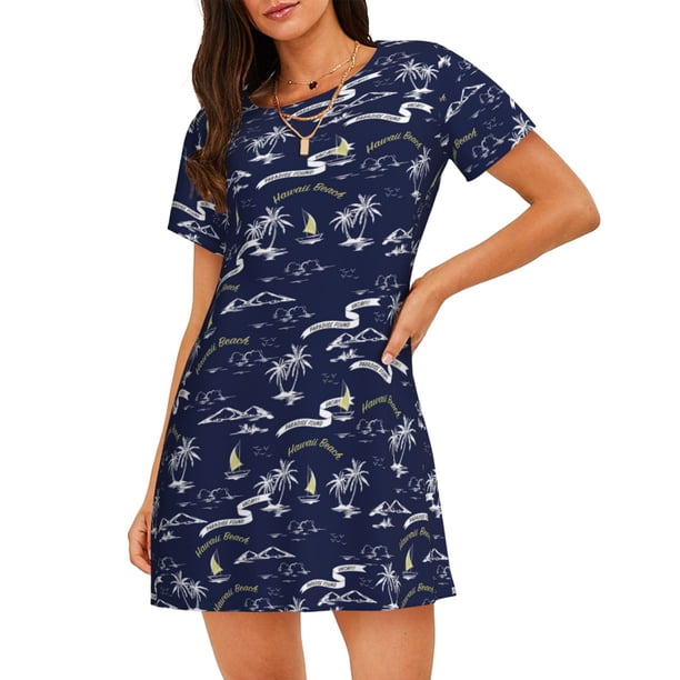 Fotbe Hawaiian Style Bata de Dormir para Mujer con Estampado, Camisón de Algodón de Manga Corta, Ropa de Dormir Casual