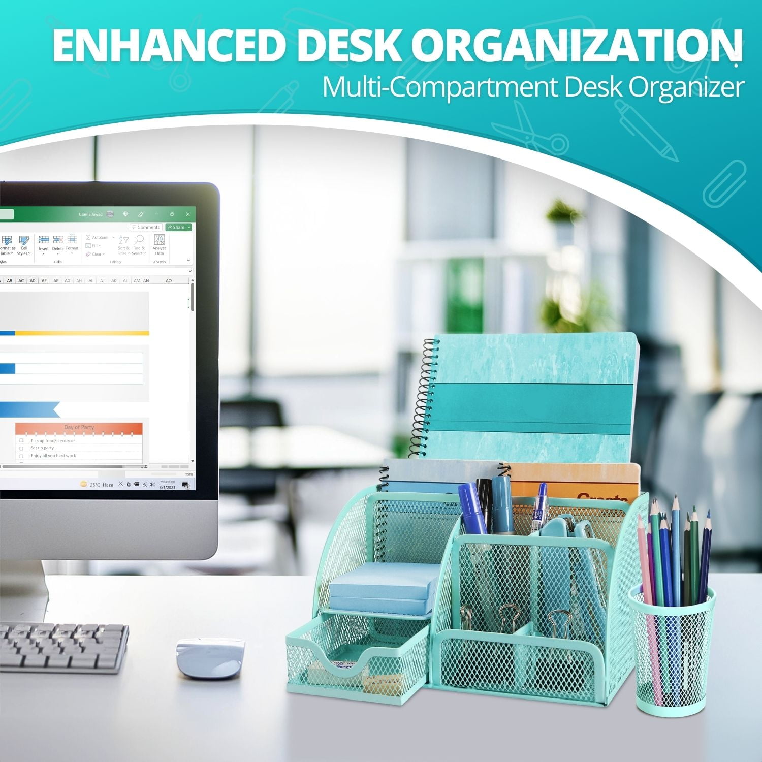 Desk Organizer Office Supplies Accessories Desktop Tabletop Sorter Shelf Pencil Holder Caddy Set - Metal Mesh with Drawer and 6 Compartments (Turquoise Aqua Blue)