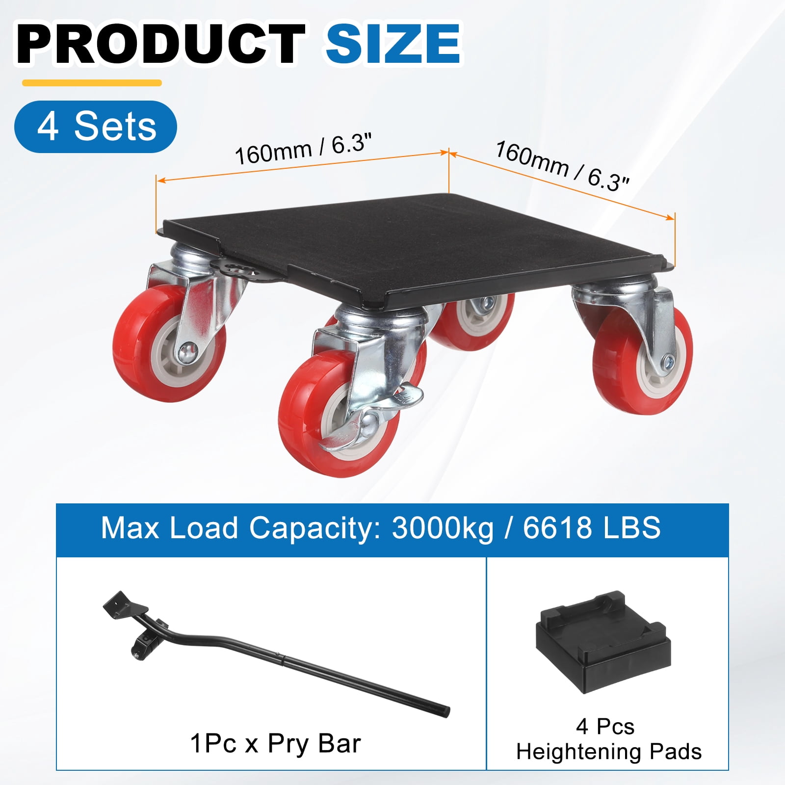 Uxcell 6618 lbs Capacity Furniture Dolly, Heavy Duty Casters Moving Dolly Furniture Movers with 5 Wheels Carbon Steel/Rubber for Industrial Equipment Heavy Furniture Piano, Red
