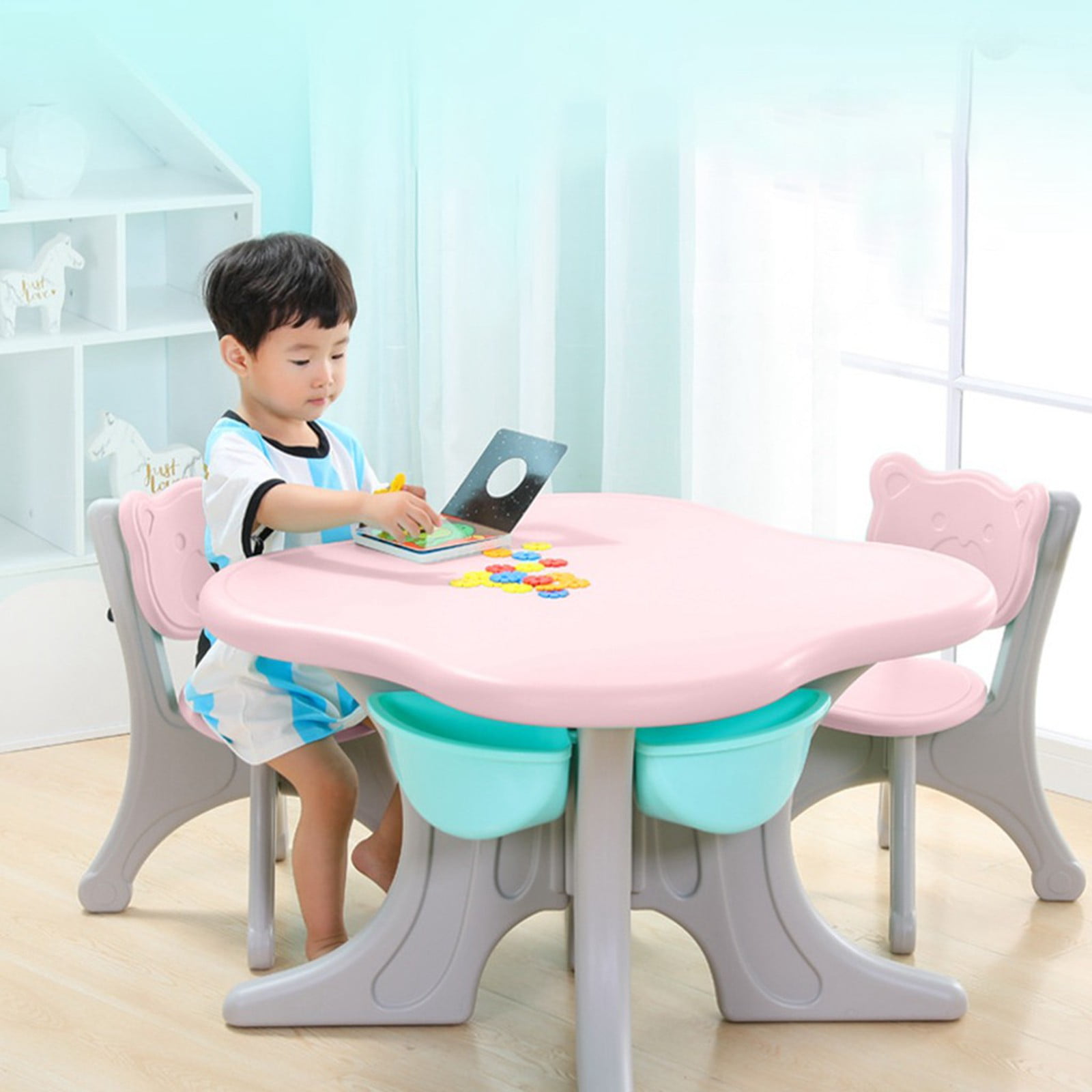 Kids Table And Chair Set Children Learning Study Desk With Storage For Read 