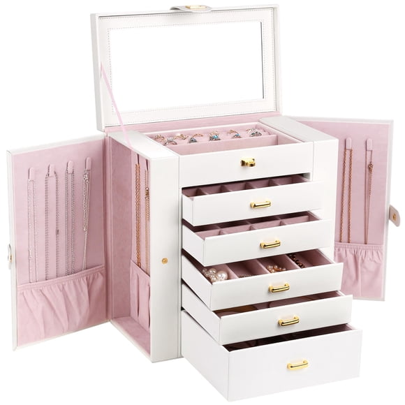 Kendal Boîte à Bijoux Extra Grand Étui à Bijoux en Cuir PU 6 Niveaux 5 Tiroirs Grande Capacité de Rangement avec Miroir Organisateur de Rangement pour Bijoux