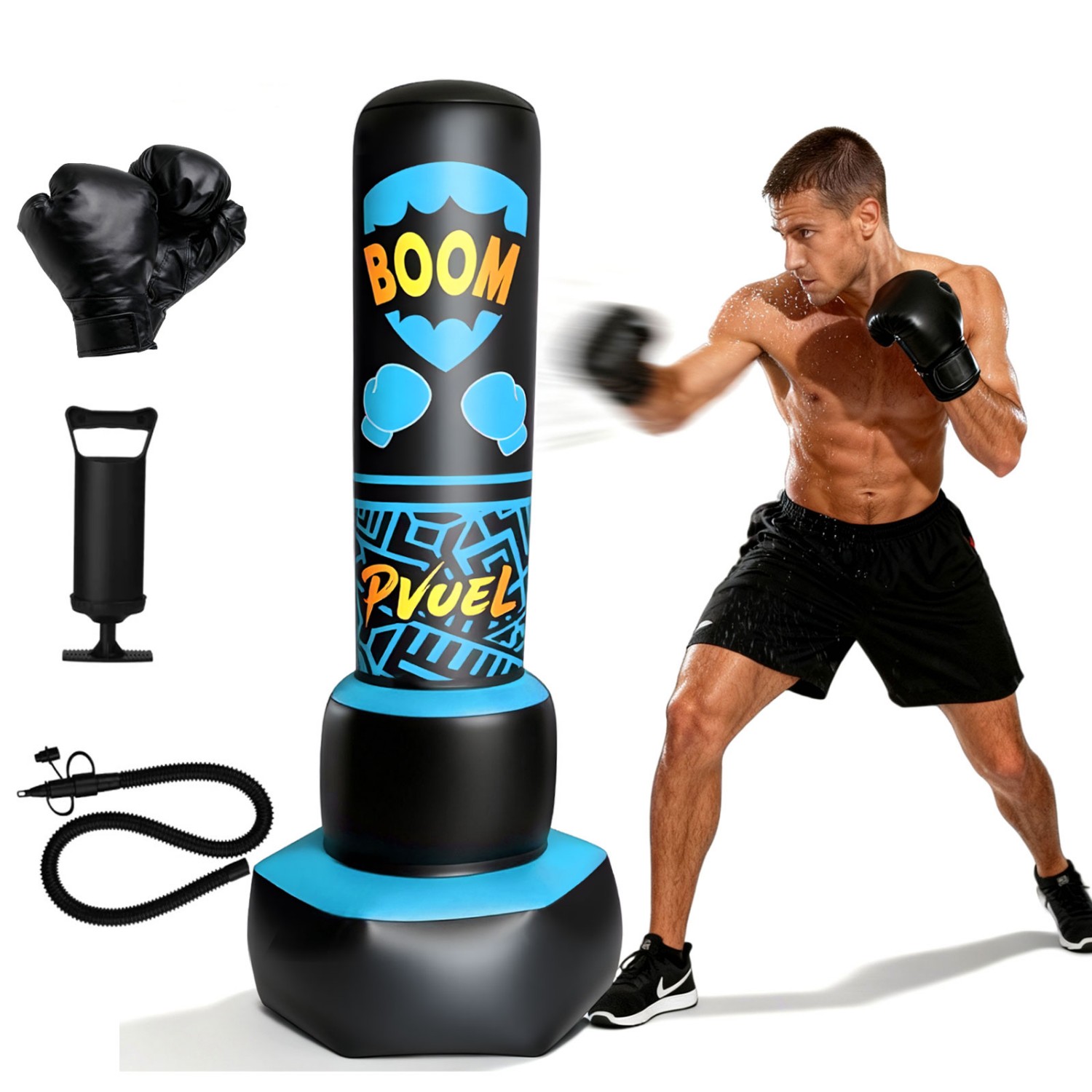 67inch Boxing Punching Bag Set for Adults Teens, Inflatable Boxing Freestanding with Gloves, Pump for Kids Children Youth Men Boxing Training Equipment MMA Fitness Home Gym, Blue