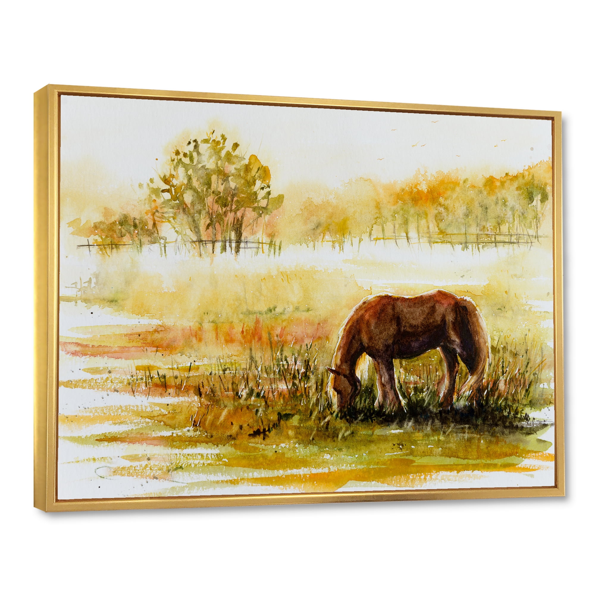 Designart 'Horse Eating Grass On A Meadow' Farmhouse Framed Canvas Wall Art Print