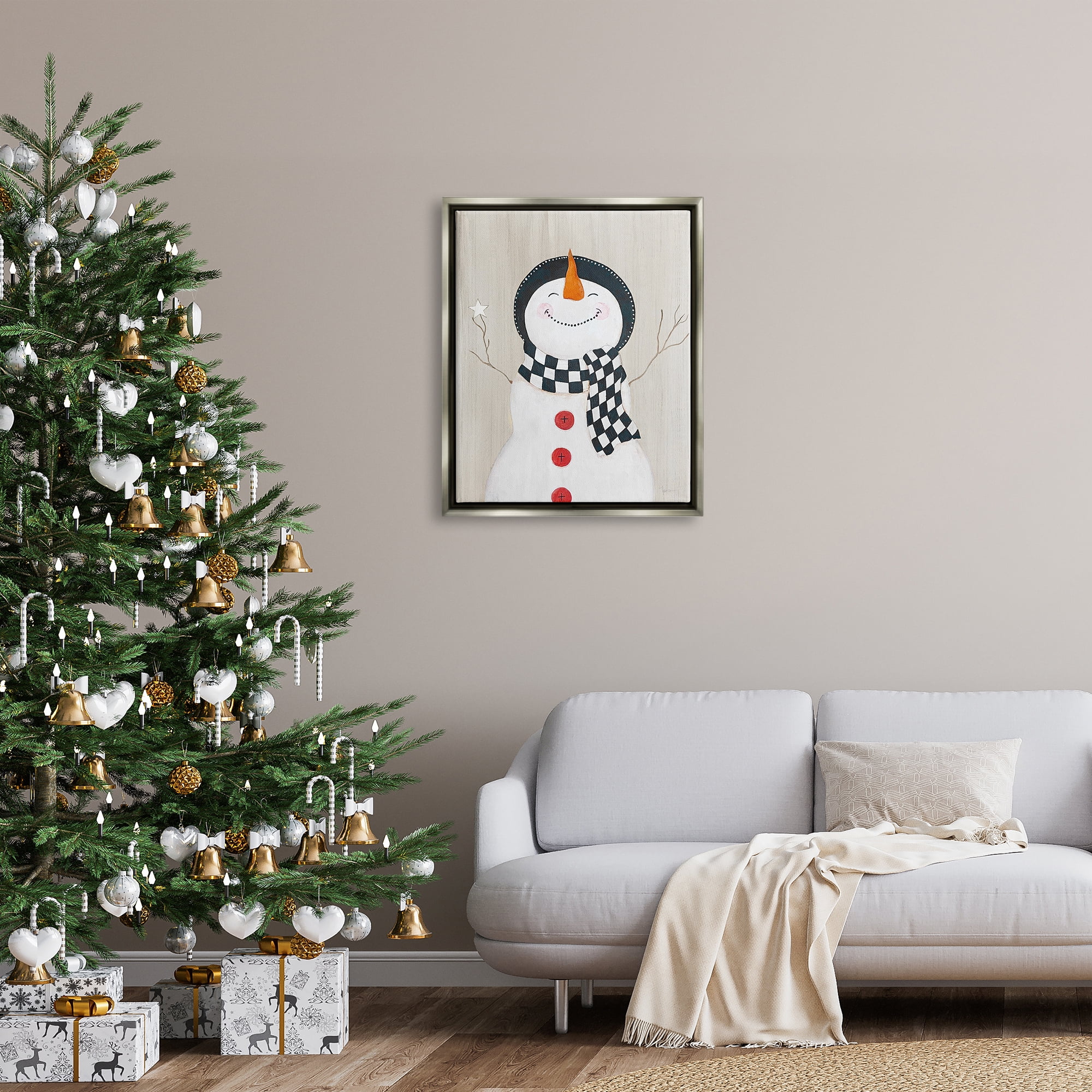 Stupell Industries Happy Smile Winter Snowman Holiday Painting Gray Floater Framed Art Print Wall Art