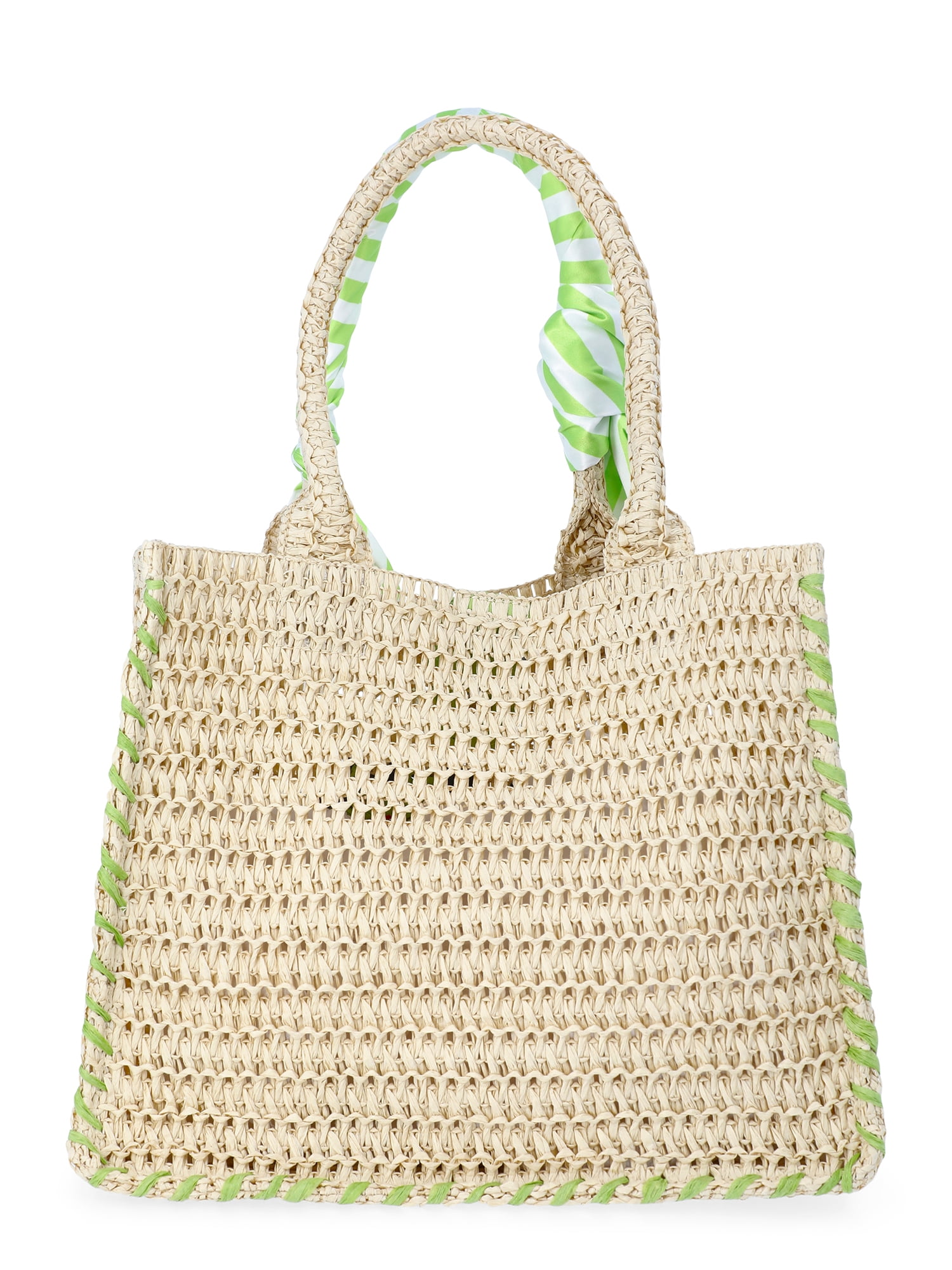 No Boundaries Women's Beach Icons Mini Straw Tote Bag, Natural with Strawberry Embroidery