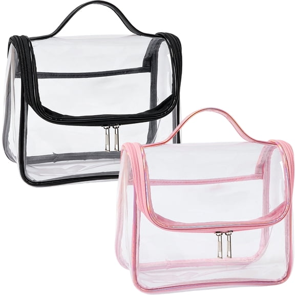 2 Pack Clear PVC Makeup Bag, Waterproof Transparent Cosmetic Tote Bag with Handle, Large Capacity Travel Toiletry Bag for Women