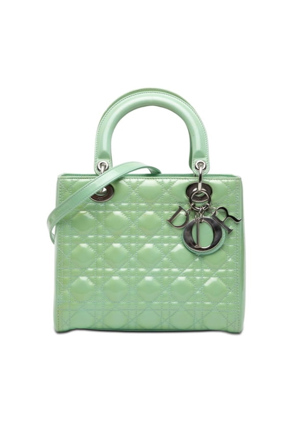 Pre-Owned Christian Dior Cannage Lady Medium Handbag Shoulder Bag 2-Way Mint Green Patent...