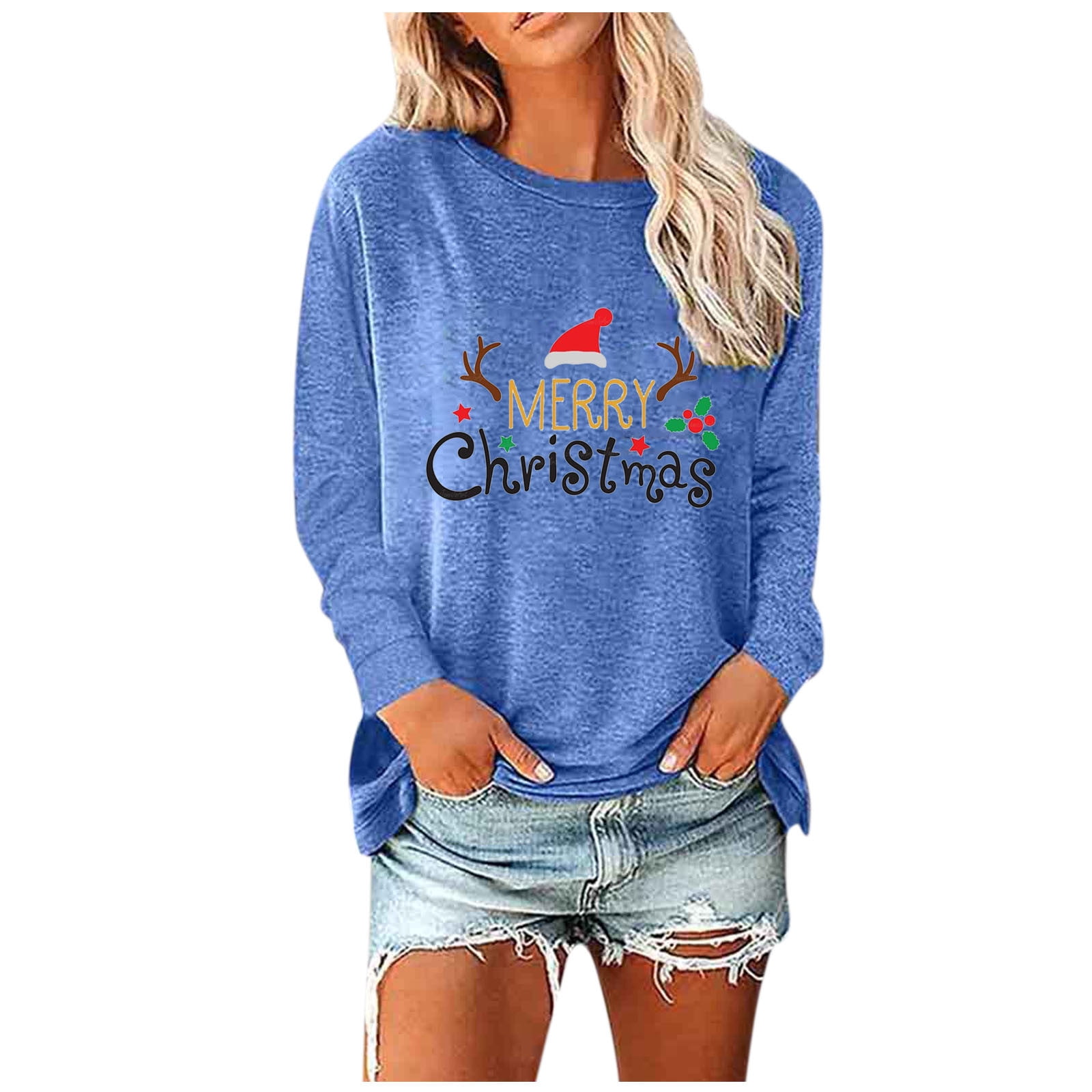 YWDJ Cute Christmas Sweaters for Women Christmas Elk Snowflake Christmas  Tree Ladies Casual Print Long Sleeve Round Neck Pullover Sweater Top Blue XL