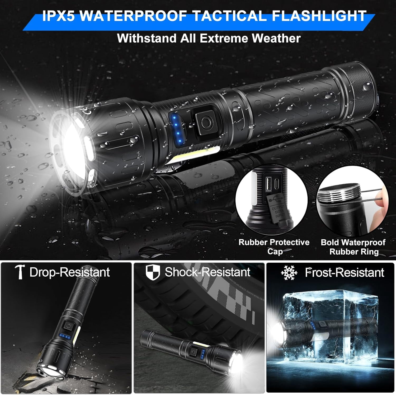 2-Pack Rechargeable LED Flashlights - High Lumens, 8 Modes, Waterproof, with COB Work Light - Great for Camping (Black, Paper Box Packaging)