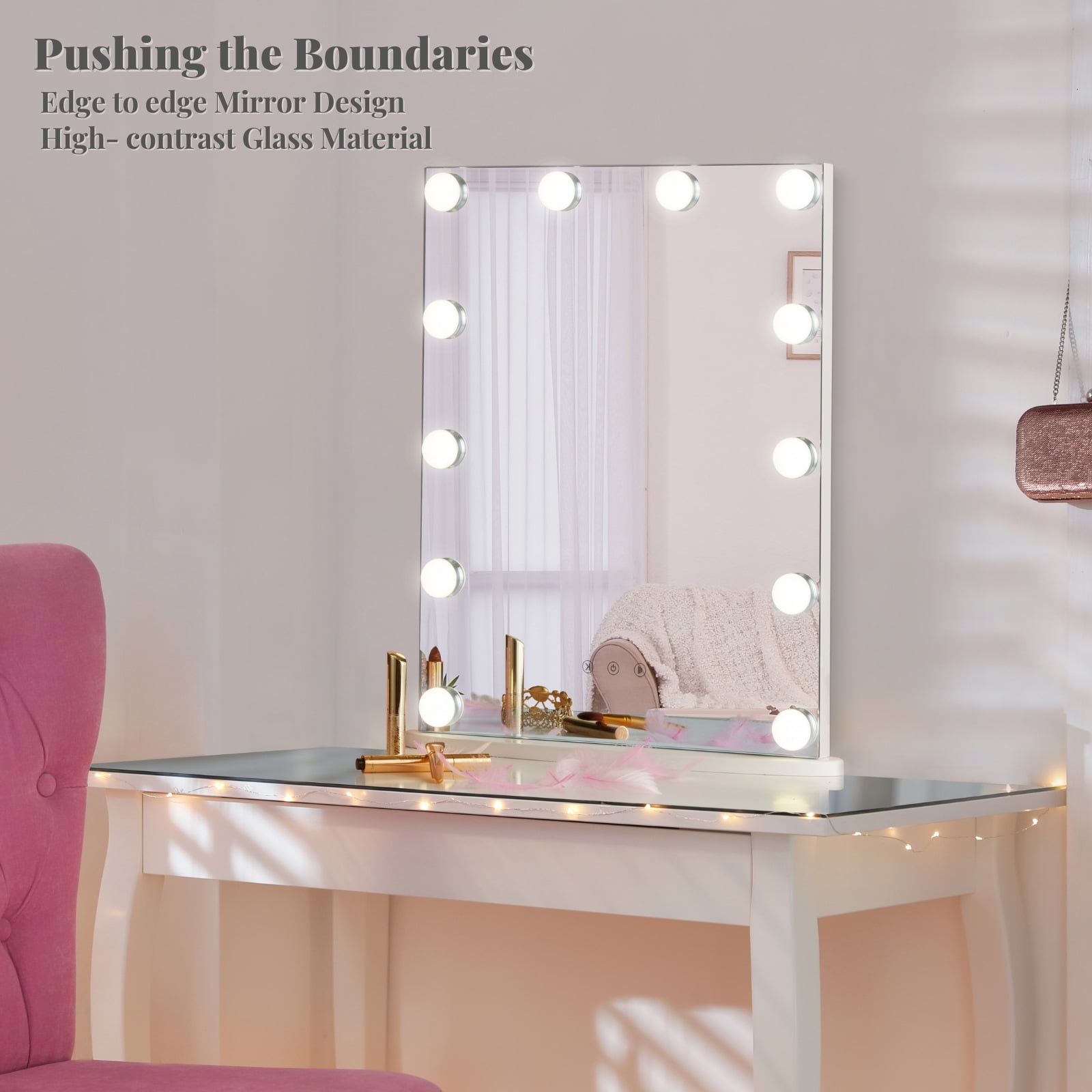 Touch Control Day/Warm Light LUXFURNI Hollywood Tabletop Makeup Mirror w/USB-powered Dimmable Light 