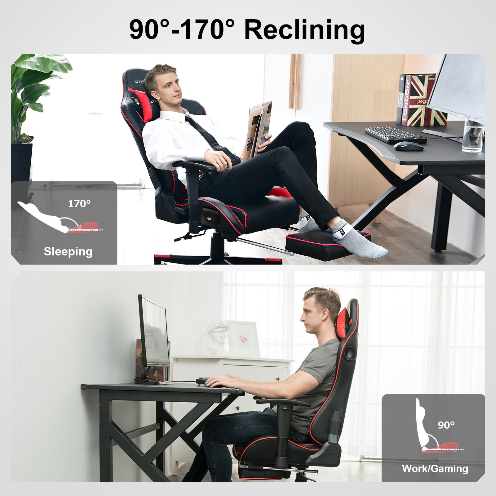 GTRACING Music Gaming Chair with Footrest Ergonomic Reclining PU Leather Office Chair, Red
