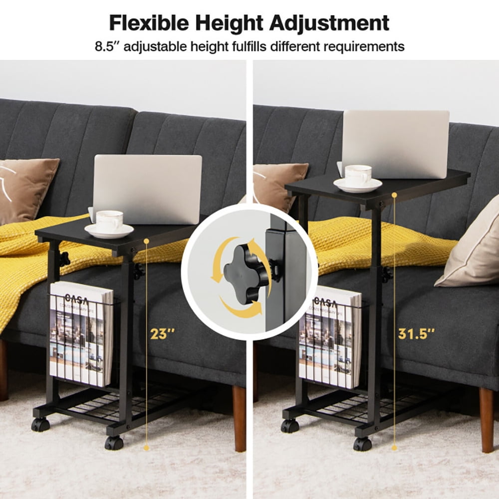 Finihen End Side Table, C-shape Sofa Side Table with Storage Basket, Sofa Side Table, Bed Side Table, for Living Room, Bedroom, Black