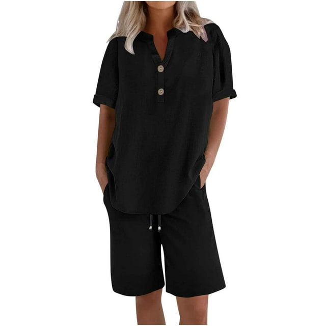 Enjoytime Short Sets for Women Casual Solid Color Button Down Shirt Drawstring Shorts Travel Plus Size Summer Outfits