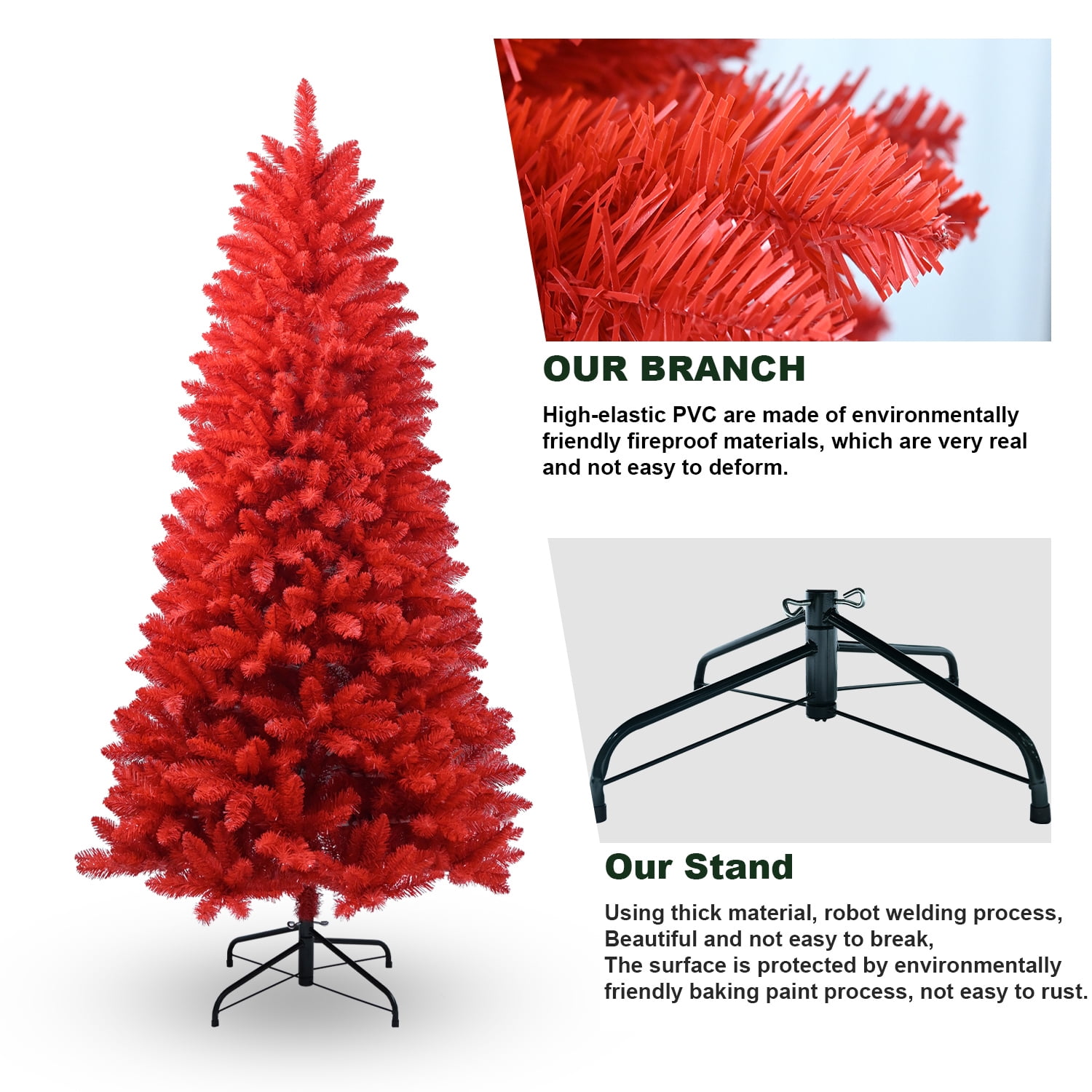 Hommoo 5FT Red PVC Christmas Tree with 804 Tips, Artificial Christmas Trees, Hinged Branches for Easy Setup, Stable Metal Stand, Bold Holiday Decoration