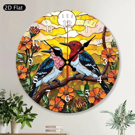 Round Wall Clock Colorful Woodpecker Birds on Branch Stained Glass Style Wall Hanging Decor Gift