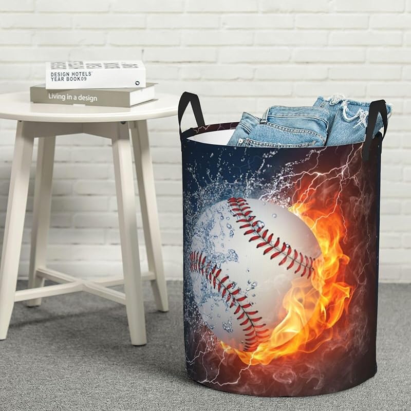 Sport Baseball Ball In Fire And Water Round Laundry Hamper Storage Basket Toys Clothes Organizer Bin For Home Bathroom Bedroom Dorm Nursery