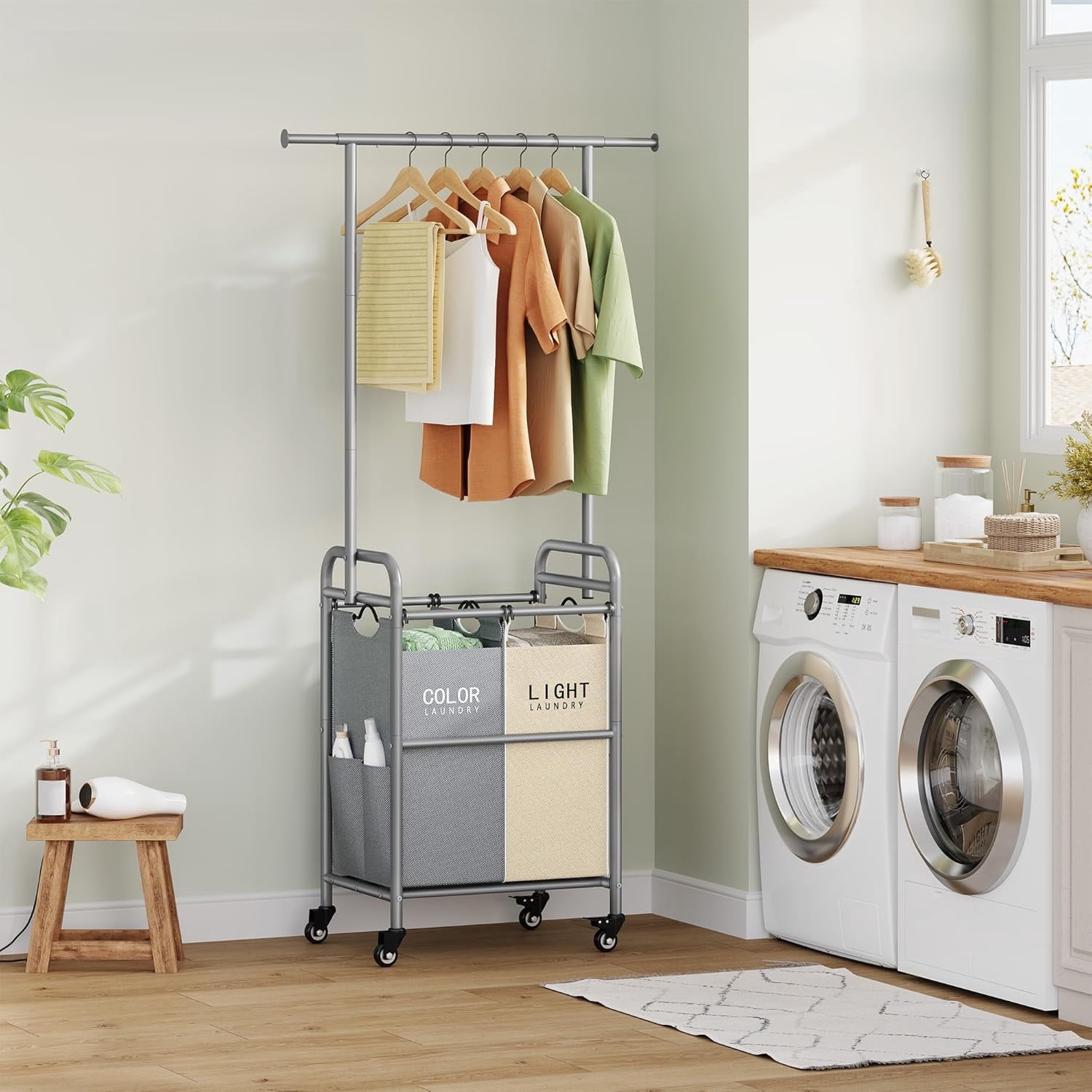 Laundry Sorter with Hanging Rack, 2 Section Rolling Laundry Hamper with Lockable Wheels and Removable Bag