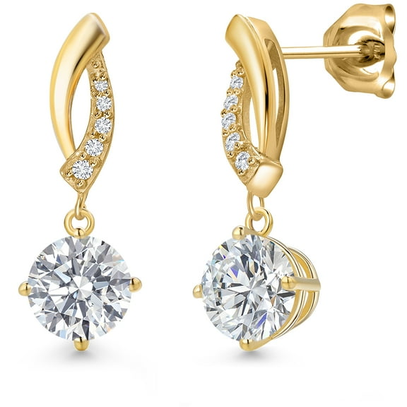Gem Stone King 2.10 Cttw IGI Certified Round Lab Grown Diamond Dangle Earrings for Women in 10K Yellow Gold | Center Diamond 1 Ct Each | E-F Color | VS1-VS2 Clarity