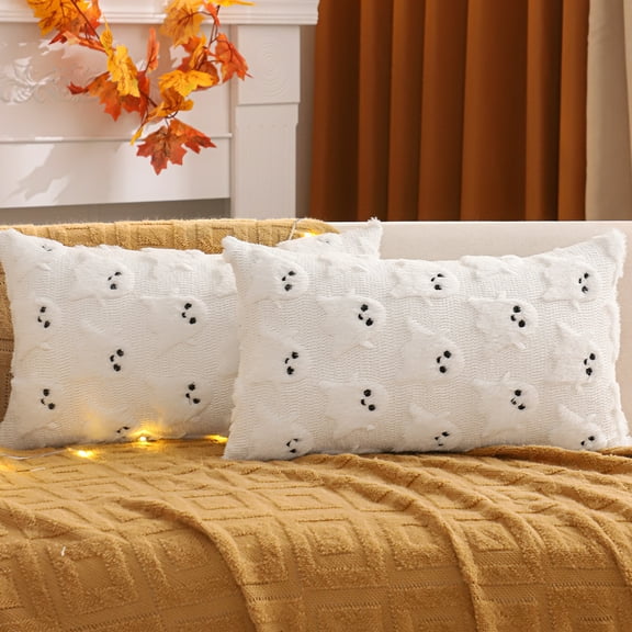 Halloween Pillow Covers 12x20 Inch Set of 2 White Ghost Decorative Pillow Cases Holiday Soft Plush Faux Fur Cushion Covers for Couch Sofa Bed