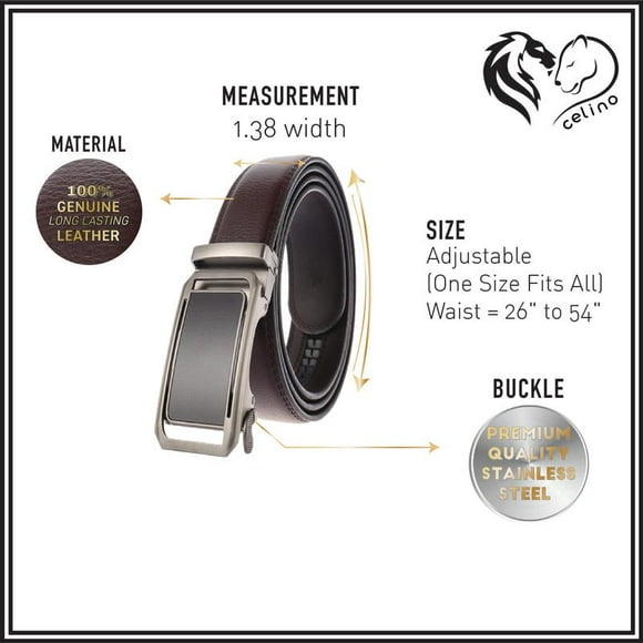 Celino Gun Metal Adjustable Ratchet Slide Buckle 100% Genuine Leather Belt for Men, One Size Fits All, Made in Europe