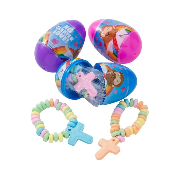 3" Religious Cross Candy Bracelet-Filled Plastic Easter Eggs - 24 Pc.