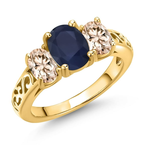 Gem Stone King 18K Yellow Gold Plated Silver Blue Sapphire and Peach Morganite Filigree Style 3 Stone Ring for Women (2.80 Cttw, Oval 8X6MM and 6X4MM) (Size 6)