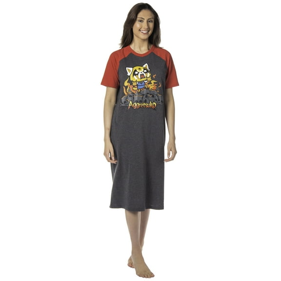 Aggretsuko Retsuko Womens' Raging on Skulls Pajama Sleep Shirt Raglan Nightgown