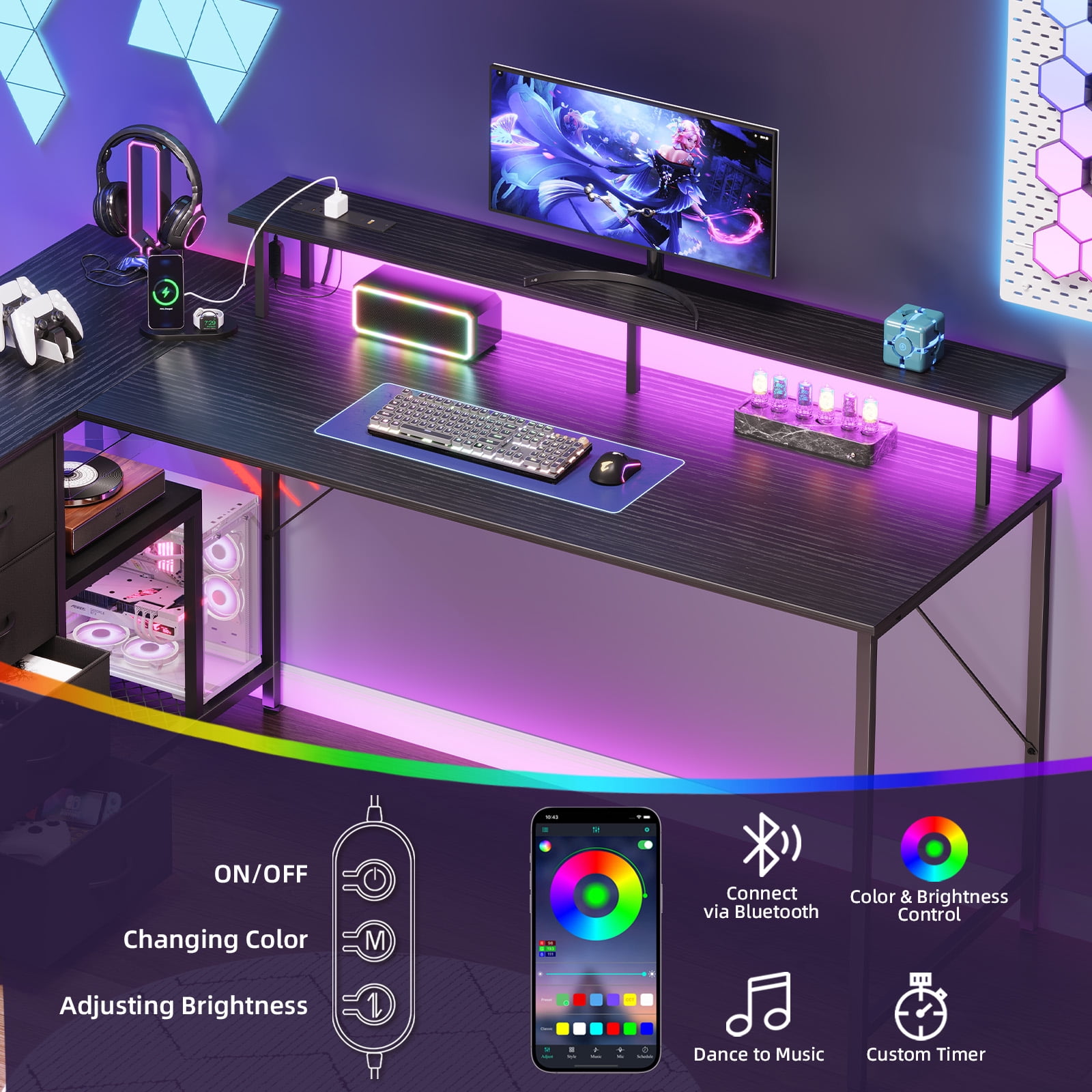 Eunos 61 inch L Shaped Gaming Desk with Power Outlets & LED Light, Computer Desk with 4 Tiers Drawers for Home Office, Black