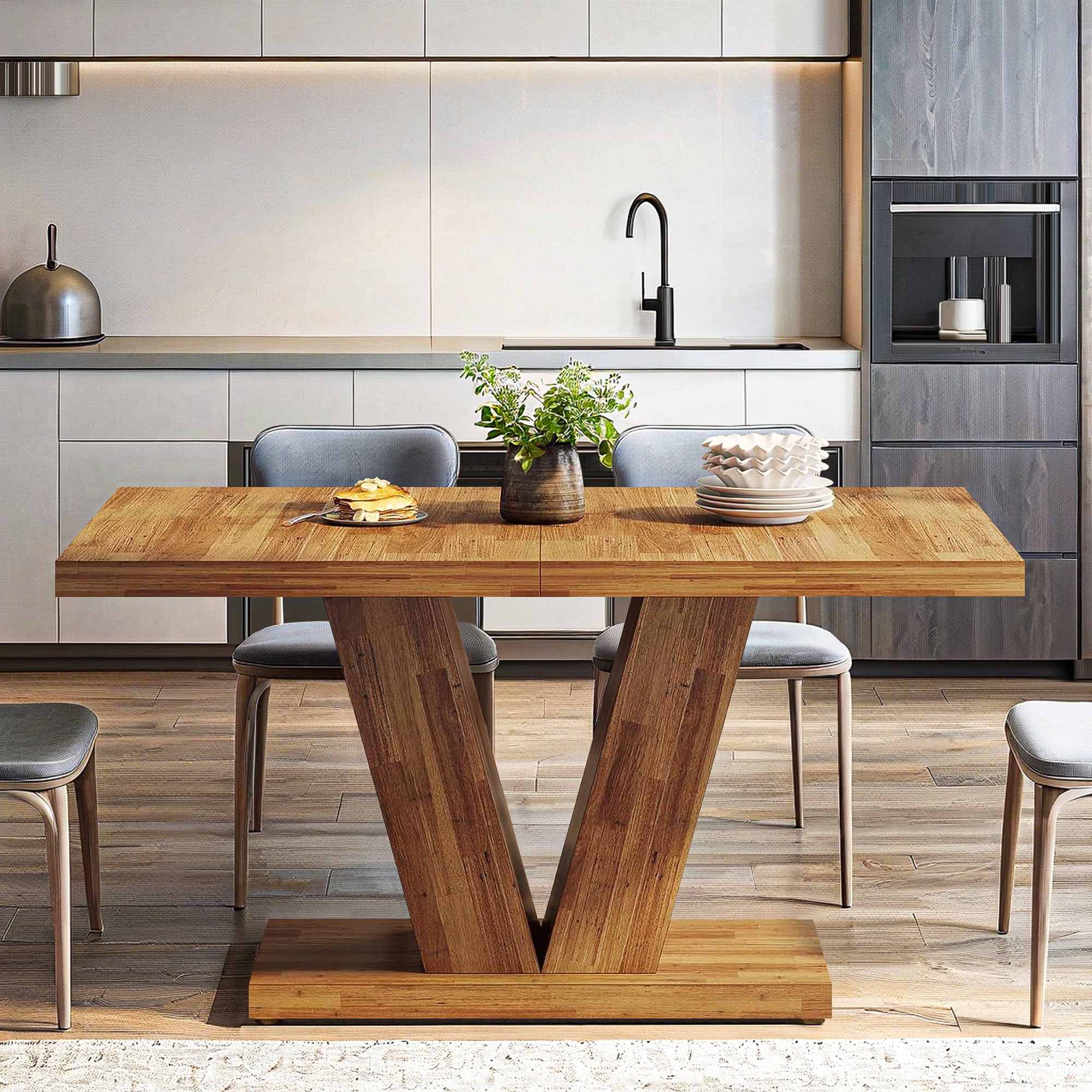 Demi Bonn 47" Modern Dining Table for 4 People, Wood Farmhouse Kitchen Table with Duty Pedestal for Dining Room, Home, Brown