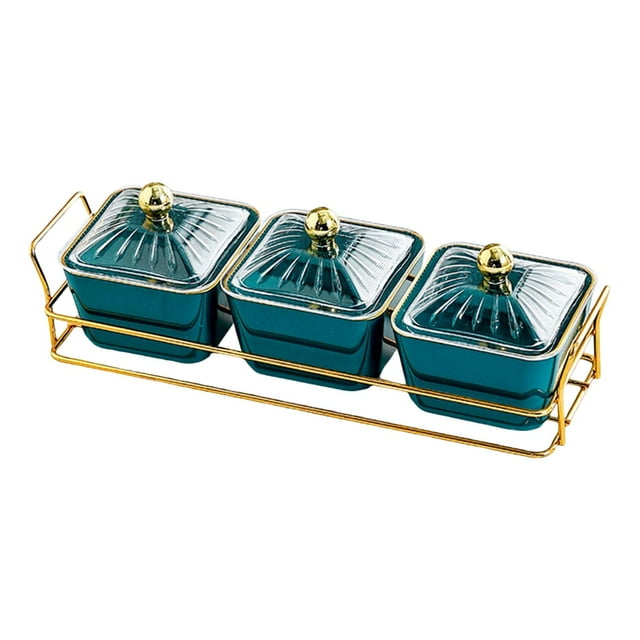 Tnarru Ensemble d'Assiettes de Fruits Secs, Pot à Bonbons Couvert avec 3 Compartiments, Pot à Biscuits Polyvalent, Plateau à Collations pour Cuisine Salle à Manger Comptoir de Mariage Vert