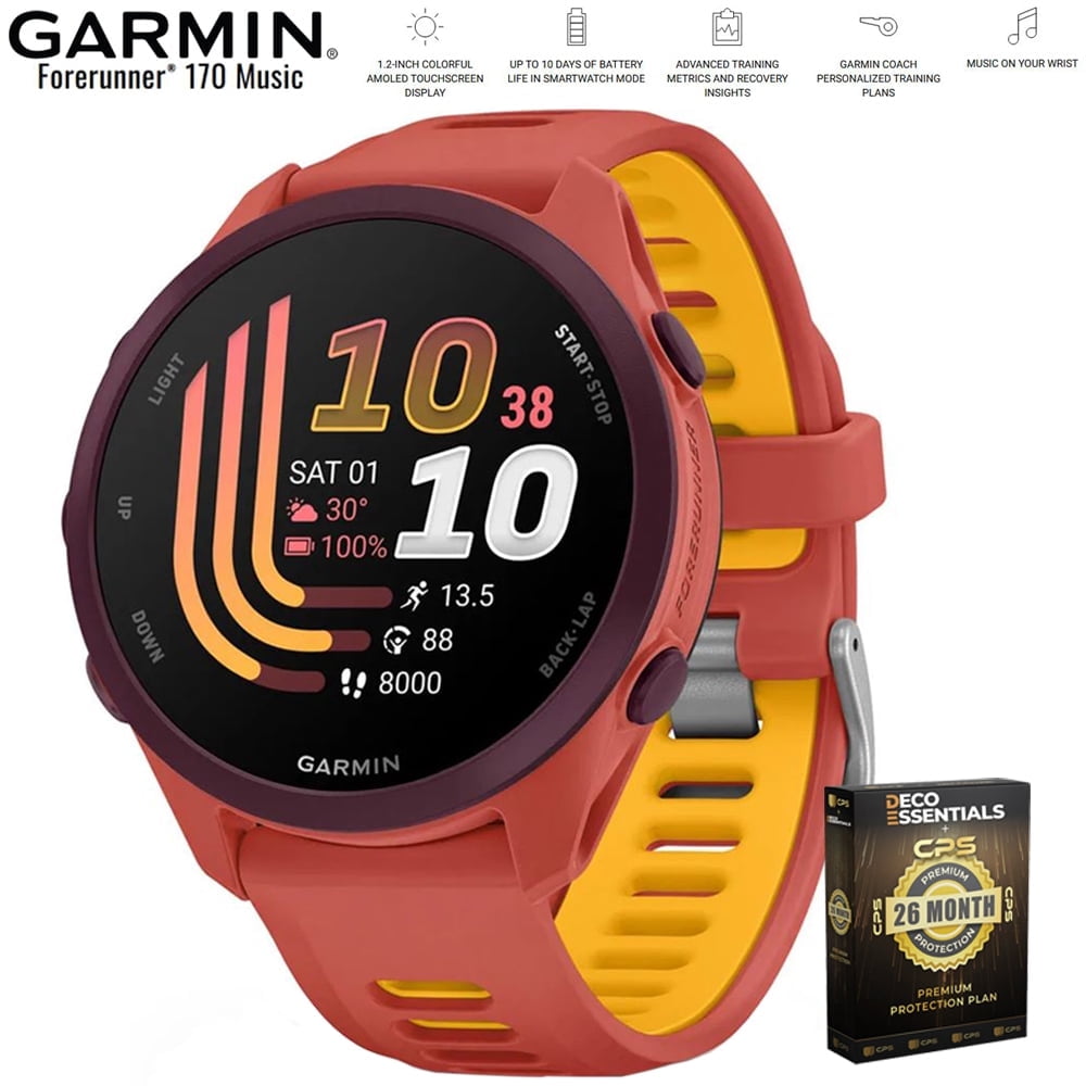 Garmin Forerunner 170 Music Red Pink/Mango 010-03920-13 Bundle with Deco Essentials Exclusive 26 Month CPS Enhanced Protection Pack