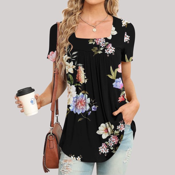 Fiudx Liquidación de Ahorros de Verano Blusa Holgada de Manga Corta con Cuello Redondo Informal Estampada a La Moda para Mujer
