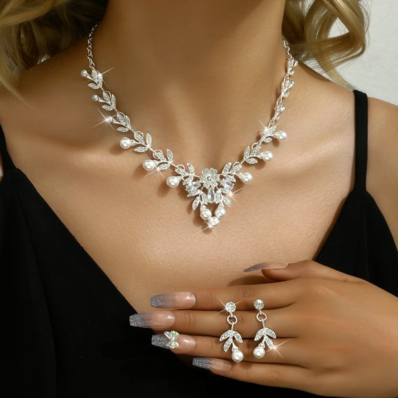 Faty-T Women's Weding Jewelry Simulated Pearl Vine Leaf Bowknot Bridal Bride Necklace Earrings Set