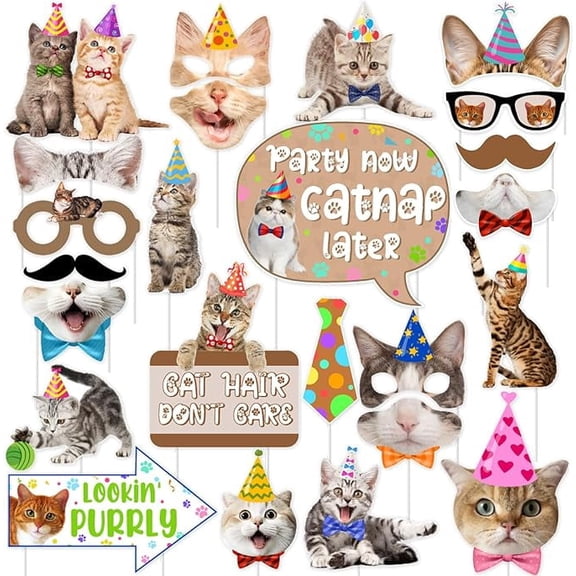 24pcs Cat Photo Props Cat Birthday Decorations Kitten Birthday Party Decorations Cat Face Birthday Party Decorations Meow Birthday Party Supplies for Cat Theme Baby Shower Birthday
