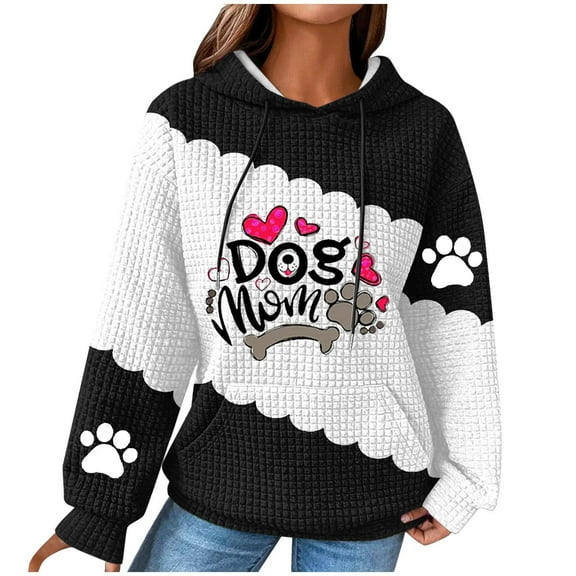Womens Hooded Sweatshirt Cute Dog Paw Heart Print Hoodies with Front Pocket Sweatshirts Waffle Knitted Sweatshirts Loose Casual Long Sleeve Tops Hooded Outwear
