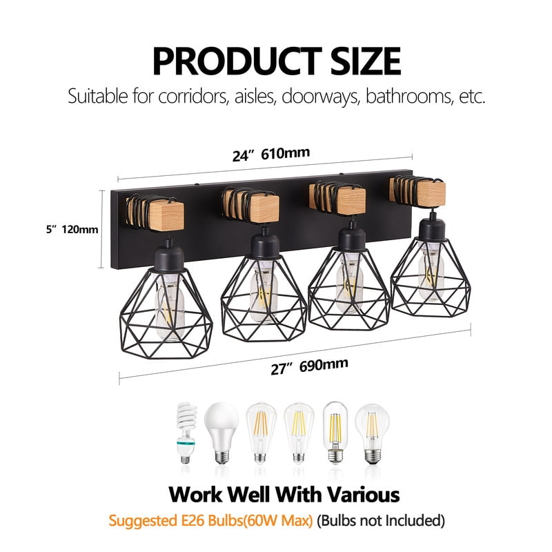 24" Modern Geometric 4-Light Vanity Light Fixture with Black Metal and Wood Accents, Cage Lampshade for Bathroom, Bedroom, Living Room (Bulbs Not Included)