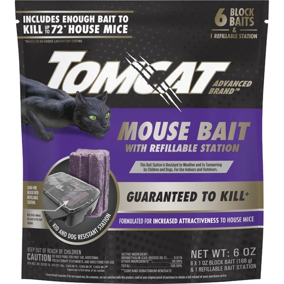 Tomcat Mouse Killer Refillable Bait Station - Refillable, Indoor Use - 6 Count, Purple/Violet