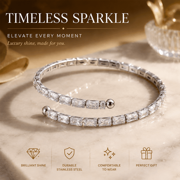 WODOXIN Women's Open Cuff Bangle Bracelet, Stainless Steel Rhinestone Bracelet with Elegant Sparkle Design