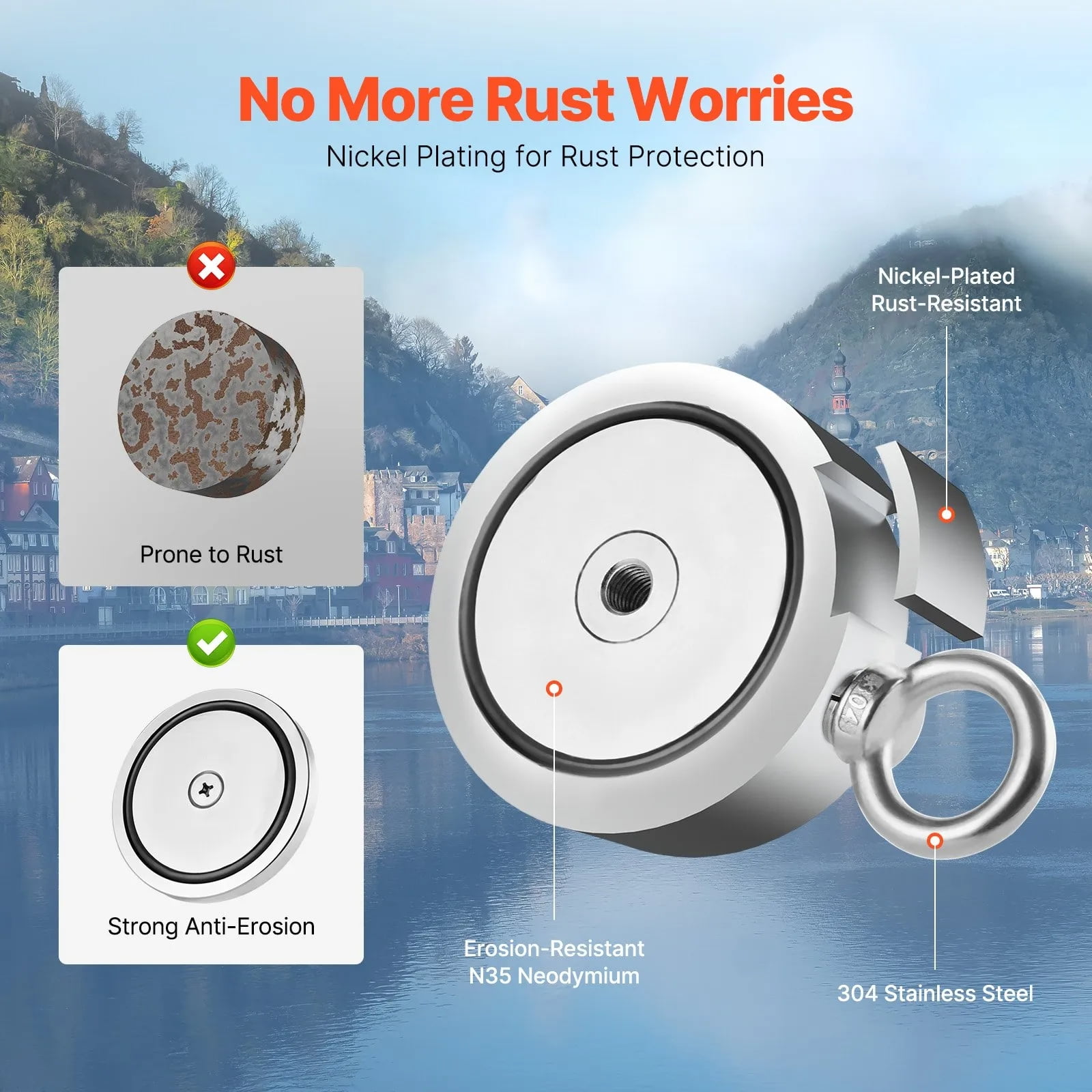 2000 LBS Magnet Fishing Kit, Double-Sided Neodymium Magnetic Fishing Set with Grappling Hook, Heavy Duty Rope & Gloves for Underwater Treasure Hunting