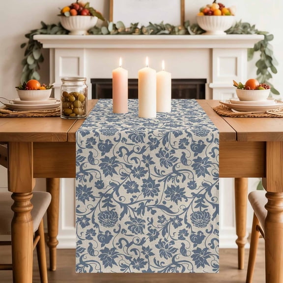 Pastoral Blue Wildflower Retro Linen Table Runner 70 Inches Long,Kitchen Dining Tablerunners Abstract Floral Texture Linen Table Runners Dresser Scarves for Home Dinner Wedding Holiday Party Decor